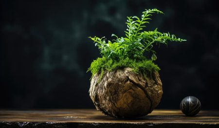 Lush greenery sprouting from a rustic wooden burl, with a sleek decorative sphere on a dark, textured backdrop. kokedama.の素材