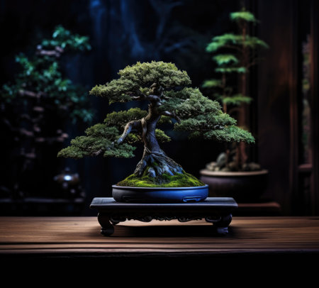 Exquisite bonsai tree on display with intricate branches and lush foliage, set in a serene interior settingの素材
