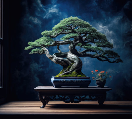 Exquisite bonsai tree on display with intricate branches and lush foliage, set in a serene interior settingの素材