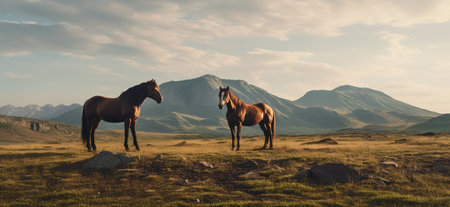 Two majestic horses in a serene meadow with dramatic mountains in the backdrop, bathed in the warm glow of the setting sunの素材