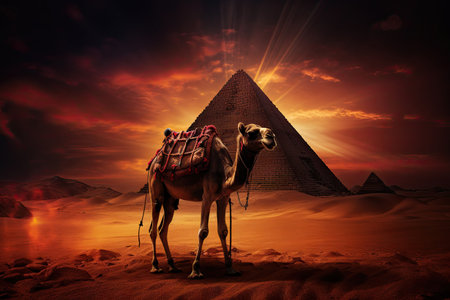 Solo camel with ornate saddle stands before the Pyramid of Giza, bathed in the radiant glow of a vibrant sunsetの素材