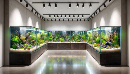 Modern gallery of large, lush aquascapes in glass tanks illuminated by ceiling spotlights in a clean, minimalist interiorの素材