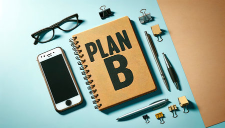 Flat lay of a 'Plan B' notebook with eyeglasses, smartphone, pens, and paper clips on a dual-tone background, symbolizing organized planningの素材