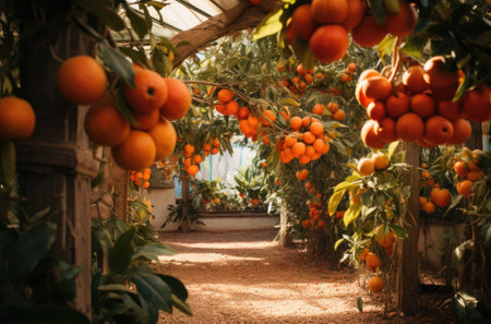 realistic photography of several oranges in their tree, outdoors with the background out of focus.の素材