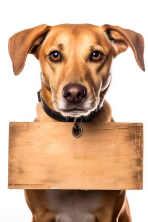 Adorable brown dog with a wooden sign under his head. Copy-space. White background. Studio lighting. Isolated.の素材