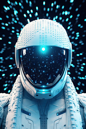 Astronaut in a high-tech suit against a backdrop of glowing stars and space lightsの素材