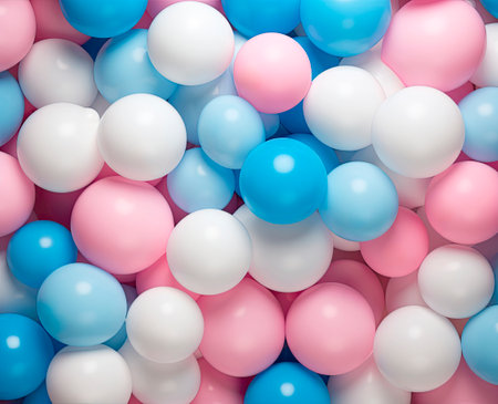 Close-up of a dense cluster of glossy balloons in soft pink, blue, and white, creating a joyful mosaic for celebrationsの素材