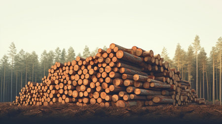 Piled logs in a forest clearing at dusk, showcasing the timber industry and sustainable forestryの素材