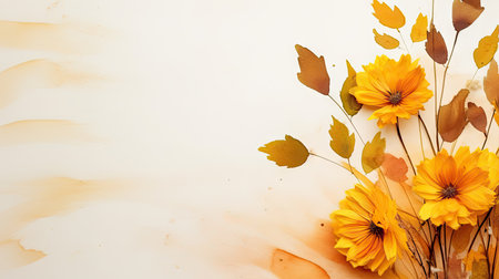 Warm-toned floral arrangement with yellow flowers and autumn leaves against a soft, painted backdropの素材