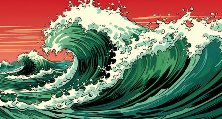 Stylized waves in green and white cresting rhythmically against a warm red sky, evoking a bold, graphic representation of the seaの素材