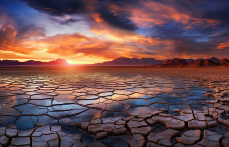 Majestic sunset over a cracked desert floor, reflecting orange hues against a dramatic sky backdropの素材