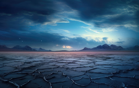 Twilight descends on a cracked desert with distant mountains under a starry sky, casting a serene glowの素材