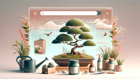 Digital gardening concept with a bonsai tree encapsulated in a web browser, flanked by plants and gardening accessories on a serene backdropの素材