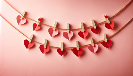 Red hearts and clothespins on twine against a pink backdrop, symbolizing love and Valentine's Dayの素材