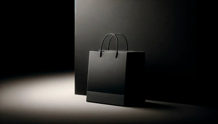 Elegant black shopping bag in a dramatic spotlight, symbolizing luxury and exclusive consumer experienceの素材