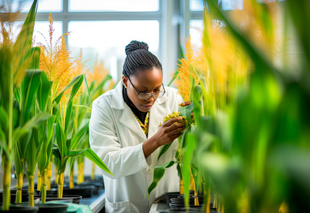 Researcher analyzing corn ear development in bright laboratory settingの素材