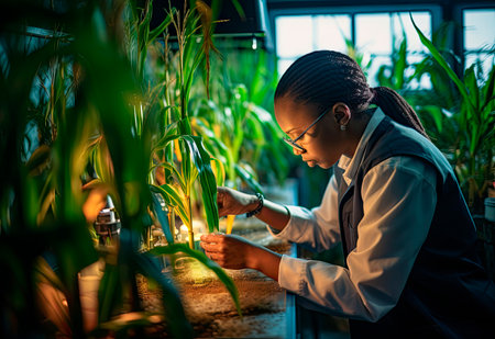 Biologist conducting plant growth experiments in a controlled laboratory environmentの素材
