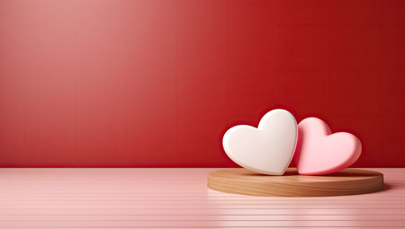 Two hearts, one white and one pink, resting on a round wooden base with a vibrant red background and pink striped floorの素材