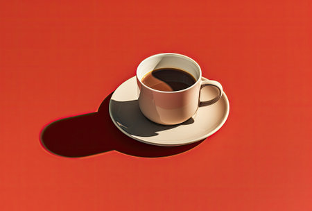 Elegant white coffee cup on a saucer casting a bold shadow against a vibrant red background, evoking warmthの素材