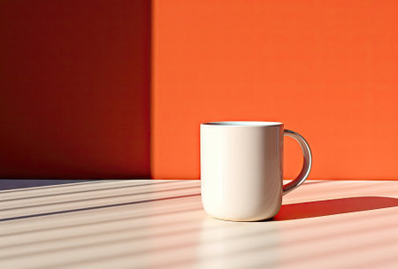 White mug on a textured table, with the interplay of light and shadows against a vibrant orange wallの素材