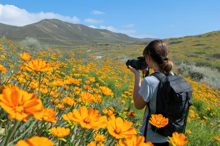 Female photographer capturing vibrant orange wildflowers in bloom with a scenic mountain landscape in the background on a sunny dayの素材