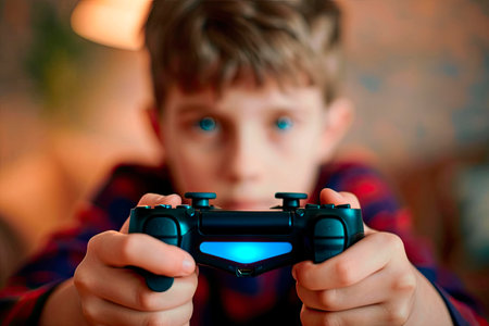 Young boy immersed in gaming, intensely holding a controller with glowing lights and focused eyesの素材