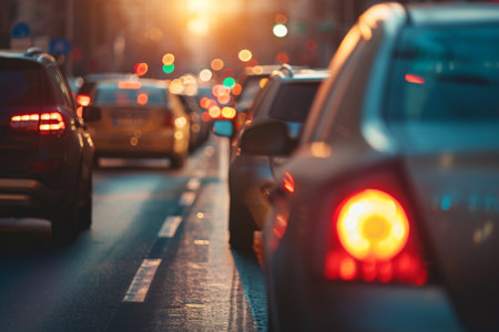 Evening traffic jam with a close-up on glowing red tail lights, capturing the rush hour in the cityの素材
