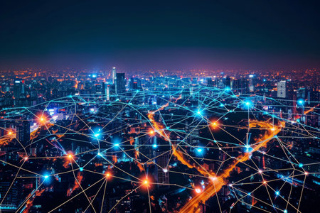 Night cityscape with vibrant network connection lines, representing the bustling digital life and connectivityの素材