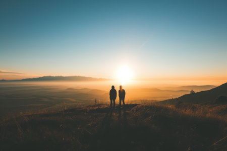 Two silhouetted figures standing on a hill during a breathtaking sunrise, with a vast landscape behindの素材
