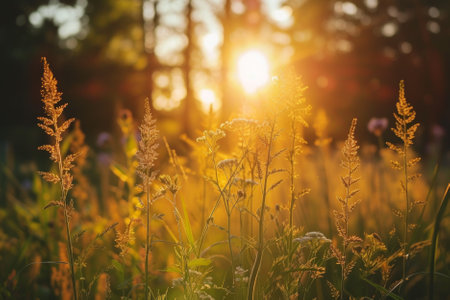 Sunset light casting a golden glow on wild grasses in a field with a soft focus forest backgroundの素材