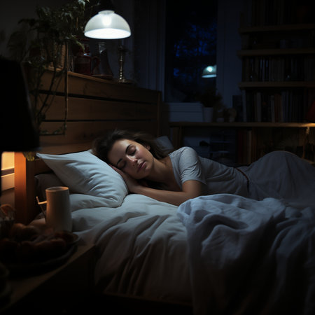 Young woman asleep in bed with a bedside lamp on, creating a peaceful atmosphere in a dark room, suggestive of tranquility and restの素材