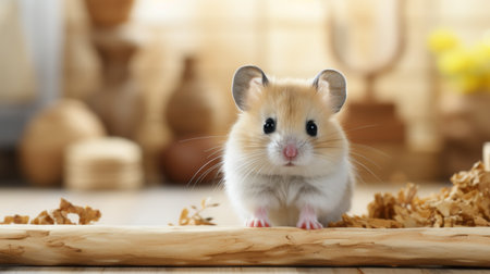 Cute hamster on a wooden surface with a curious gaze, surrounded by warm tones and soft bedding, inviting a sense of careの素材