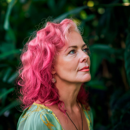 A woman with vibrant fuchsia hair gazes thoughtfully into the distance, surrounded by lush greenery, embodying confidence, vitality, and zest for lifeの素材