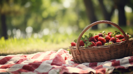 Wicker basket filled with strawberries on a checkered blanket, perfect for a picnicの素材