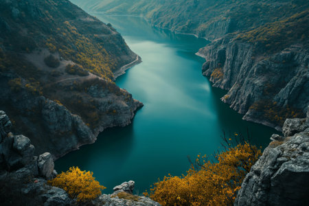 Serene mountain lake surrounded by autumn foliage, with a tranquil turquoise water reflecting the calm beauty of natureの素材