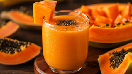 Refreshing papaya smoothie garnished with seeds, accompanied by fresh papaya slices on a wooden board, a perfect tropical delightの素材