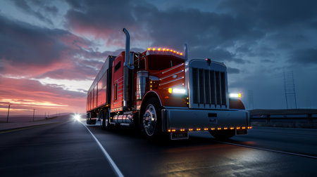 Classic semi-truck on the highway at twilight with headlights on and a dramatic sky backdropの素材