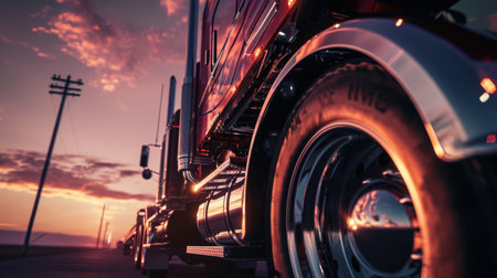 Close-up side view of a red semi-truck on the road at sunset, with details of the shiny chrome wheelsの素材