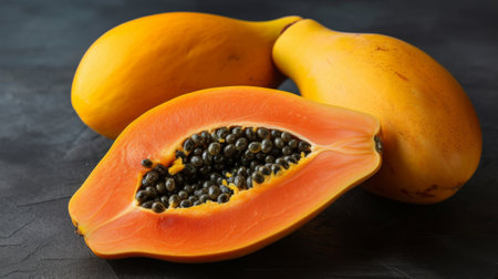 Vibrant papayas with a rich orange hue and a bounty of black seeds, set against a dark backdrop, showcasing the raw beauty and the freshness of tropical fruitの素材
