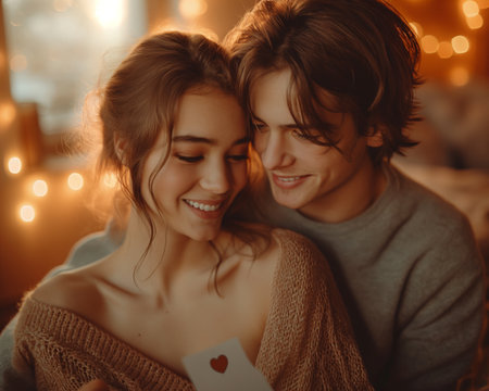 Romantic couple embracing, sharing a tender moment, with warm bokeh lights in the backgroundの素材