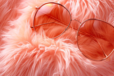 Rose-tinted glasses lying on a fluffy peach-colored surface, embodying soft luxuryの素材