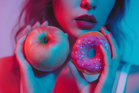 Close-up of a woman holding an apple and donut, symbolizing diet choicesの素材