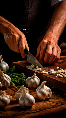 Hands of a chef chopping garlic on a wooden board, with whole bulbs and green herbs around, in a rustic kitchen settingの素材