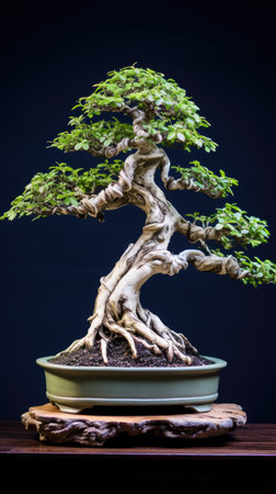 Dynamic bonsai tree with elegant curves and dense leaf canopy, presented on a wooden stand against a deep blue backgroundの素材
