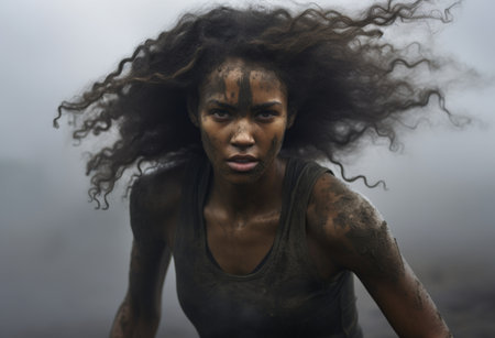 Female warrior with mud-streaked face and windswept hair, a vision of fierce determinationの素材