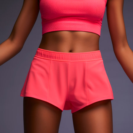 Close-up of pink fitness shorts and top on a model, highlighting the sporty design and fitの素材