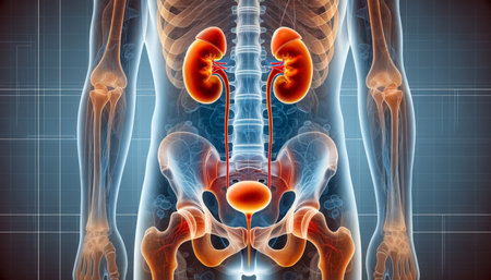 Illustration of human renal system with detailed kidneys, ureters, and bladder against a digital backgroundの素材