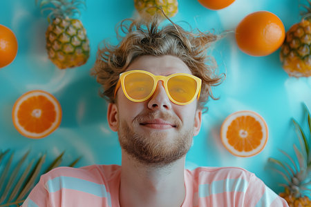 Joyful man with curly hair wearing yellow sunglasses, surrounded by floating oranges and pineapples on a blue backgroundの素材