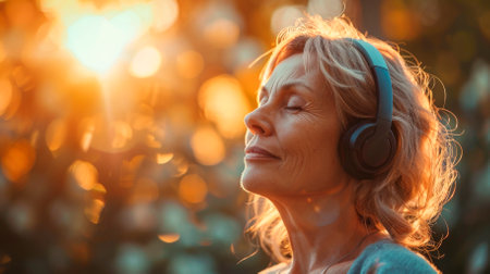 Mature woman enjoying music with headphones in a natural setting, basking in the warm, golden sunlightの素材