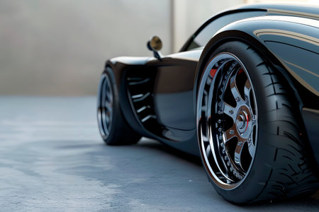 Sleek black sports car with shiny rims and low-profile tires highlighted against a soft-focus industrial backdropの素材